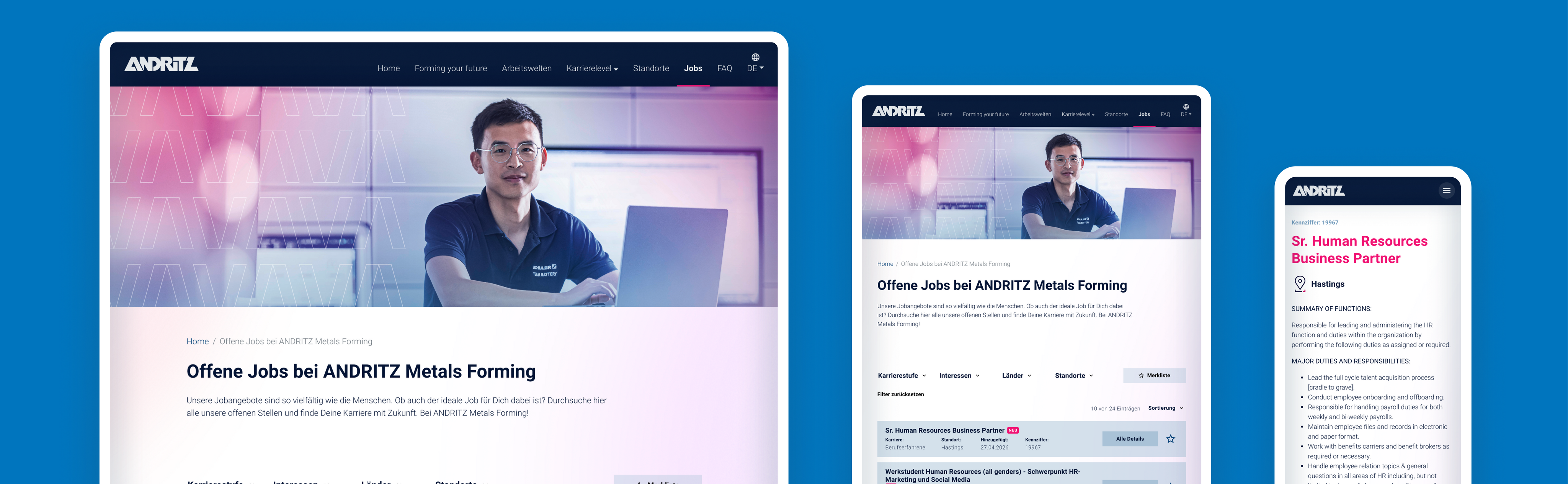 Die ANDRITZ-Schuler Karriereseite in unterschiedlichen Formaten - Desktop: Homepage, Tablet: Homepage mit Jobliste, Smartphone: Jobdetailseite.