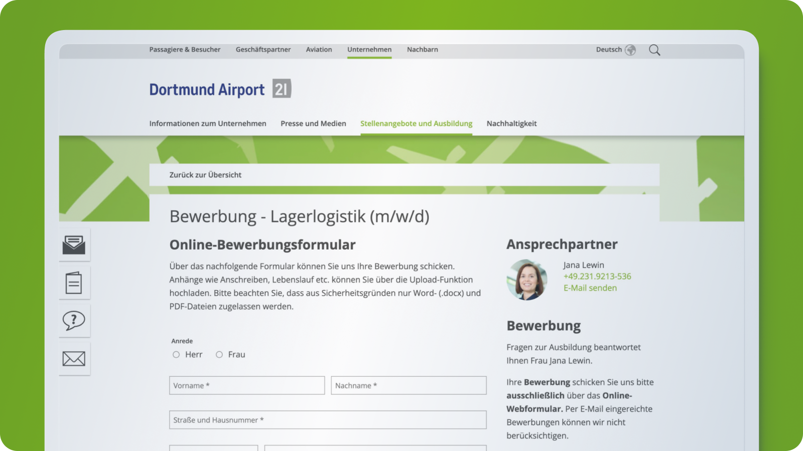 Ausschnitt der Website Bewerbung beim Flughafen Dortmund