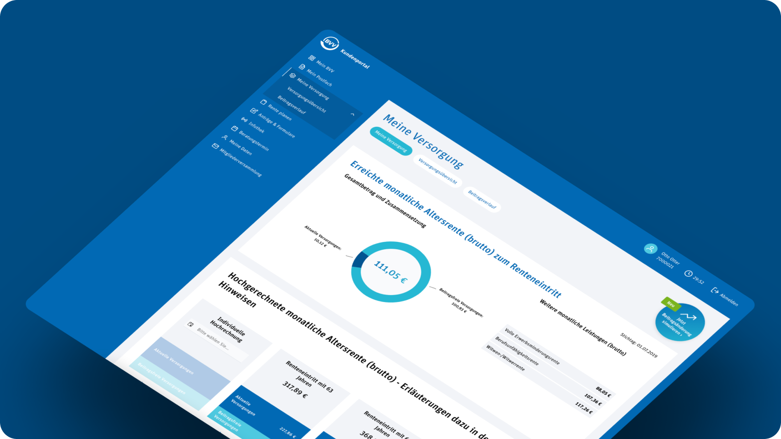 Screenhost BVV Kundenportal mit Übersicht über die aktuelle Rente