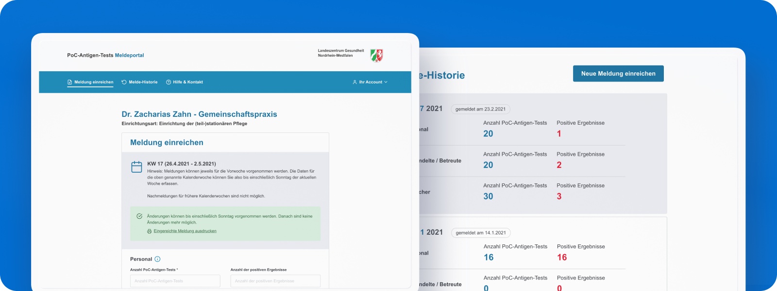 Screenshot Corona Meldeportal mit wöchentlicher Meldung