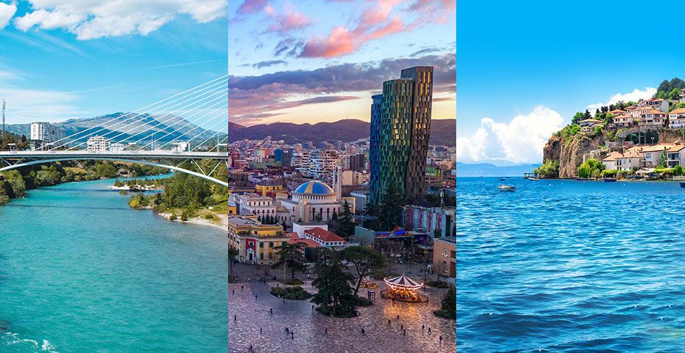Bildkompostion zu den Destinationen Podgorica, Tirana und Ohrid. Jetzt ab Dortmund buchen!