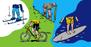 Illustration mit Skifahrer, Radfahrer, Wanderer und Surfer zum Thema Aktivurlaub 2020
