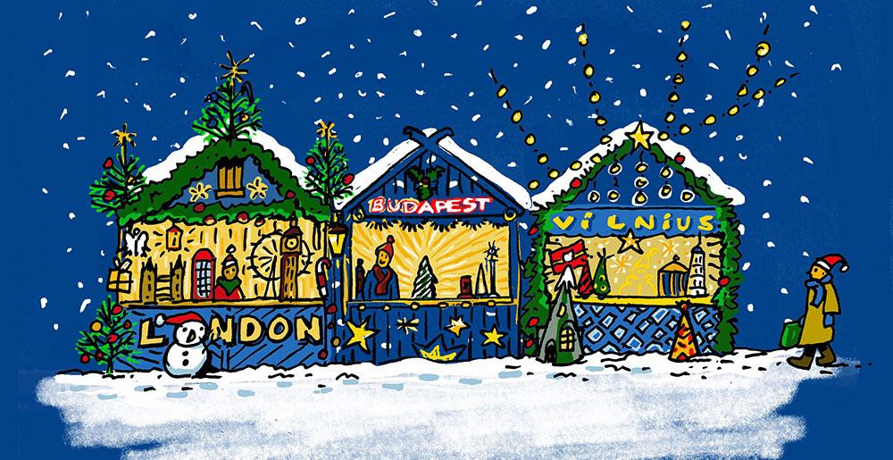Illustration zu den Weihnachtsmärkten in Vilnius, London und Budapest