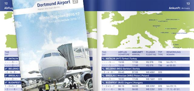 Titel- und Inhaltsseiten des Winterflugplans des Dortmund Airport für die Saison 2016/2017.
