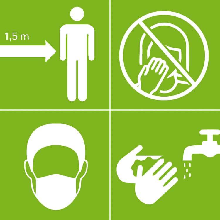 Coronavirus - Wichtige Verhaltensregeln: Abstand halten, Maske tragen, nicht ins Gesicht fassen, Hände waschen