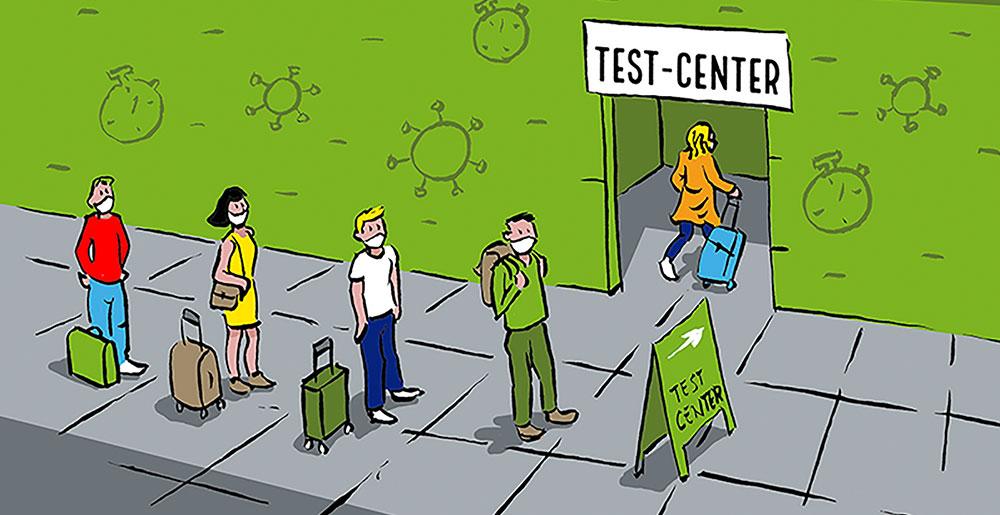 Passagiere stehen vor einem Testzentrums an.