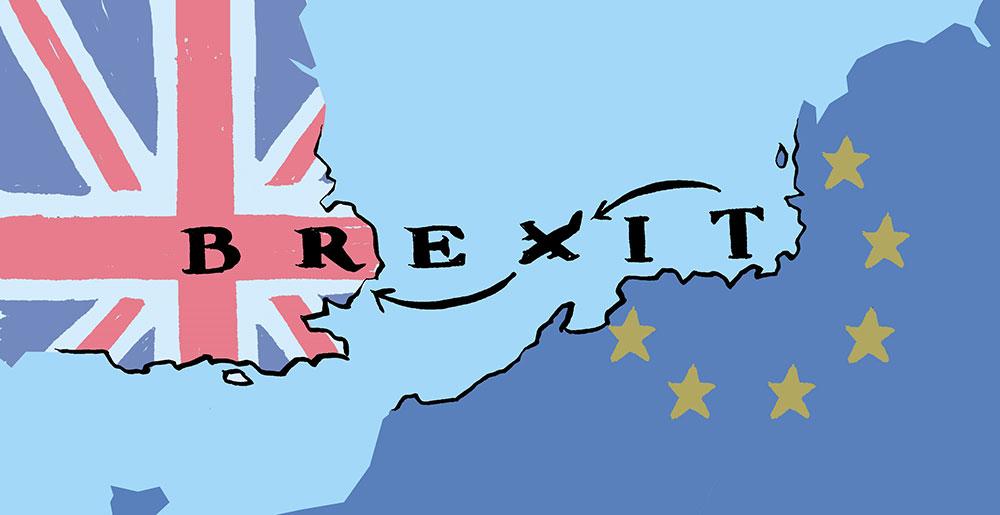 Illustration zum Thema Brexit 2020. Ein Flugzeug verbindet Europa mit Großbritannien.