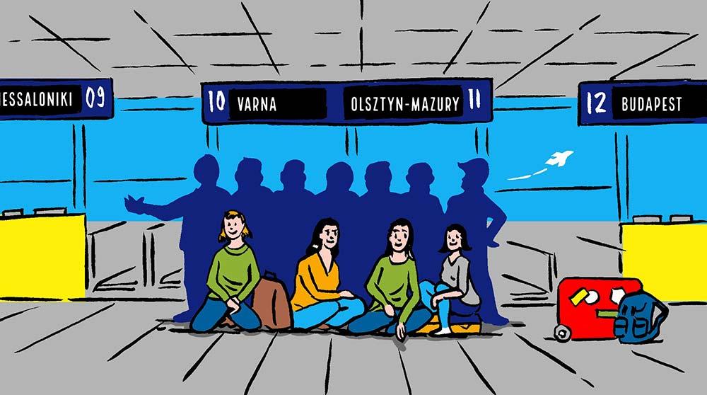 Illustration einer Reisegruppe vor den Check-in Schaltern des Dortmund Airport