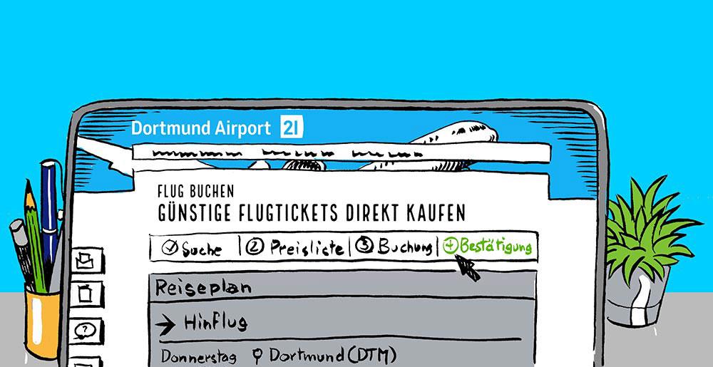 Illustration eines Computerbildschirms mit der Buchungsseite des Dortmund Airport.