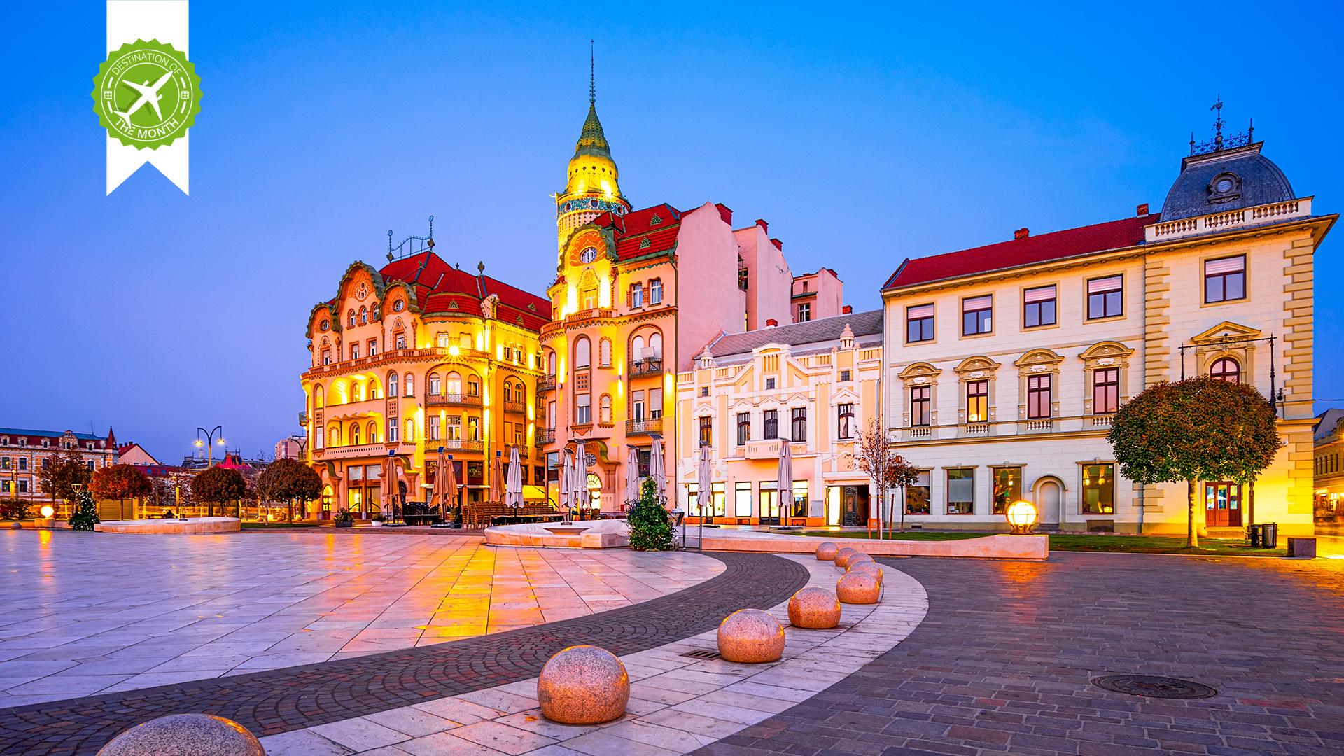 Unionsplatz mit Jugendstilgebäuden in Oradea im Westen Rumäniens
