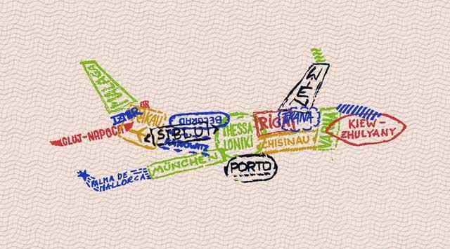Illustriertes Flugzeug zusammengesetzt aus den Flugzielen der Wintersaison 2018/2019.