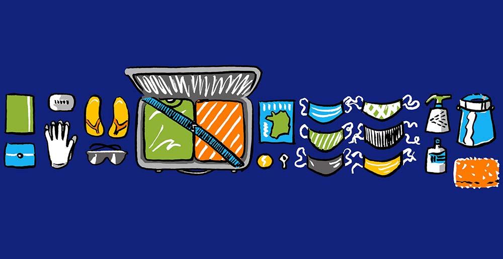 Illustration von Gegenständen wie Kleidung, Mund-Nase-Schutz, Desinfektionsmittel, die in Corona-Zeiten für eine Reise eingepackt werden müssen. 