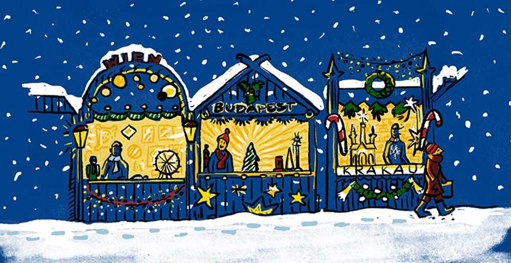 Illustration mit Weihnachtsmarktbuden in Wien, Budapest und Krakau.