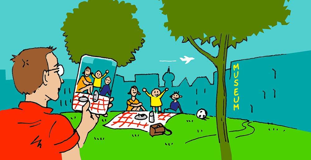 Illustration einer entspannten Familie beim Picknick während einer Städtereise.