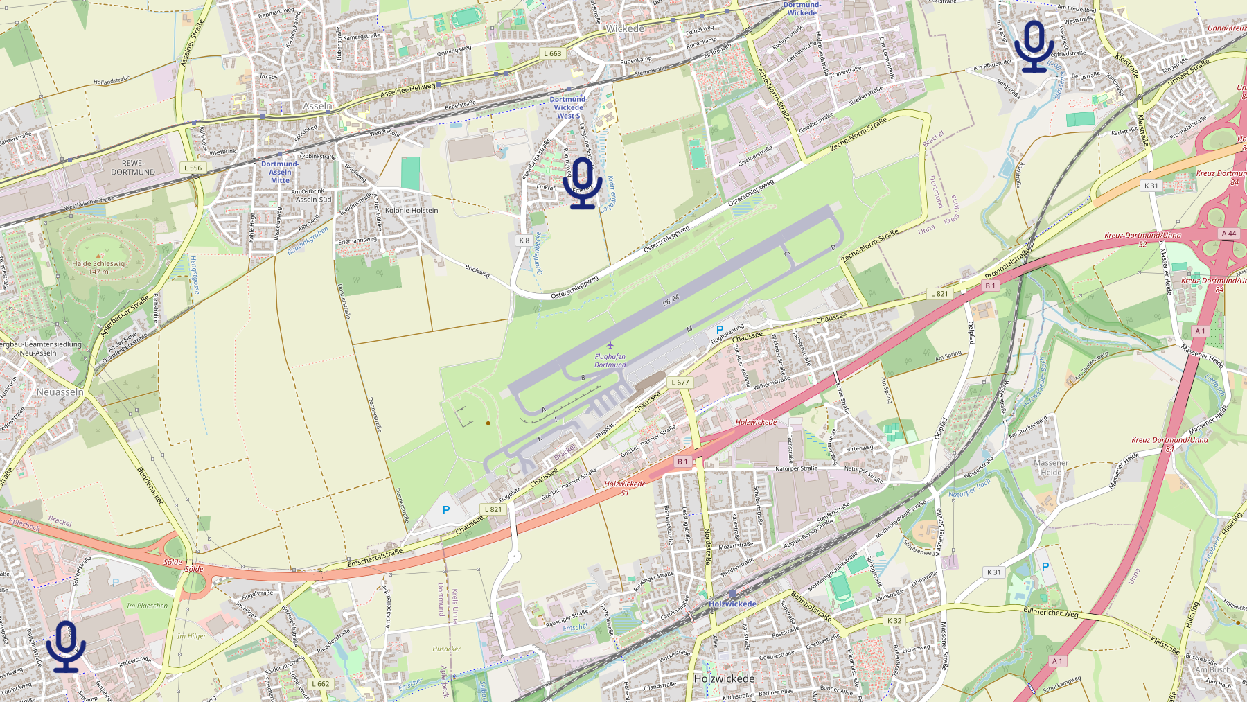 Umgebungskarte des Flughafens mit Mikrofonsymbolen, die den Standort der Messstellen kennzeichnen