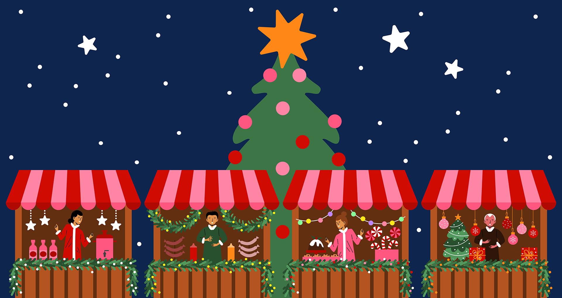 Illustration von vier Weihnachtsmarktbuden vor einem Weihnachtsbaum