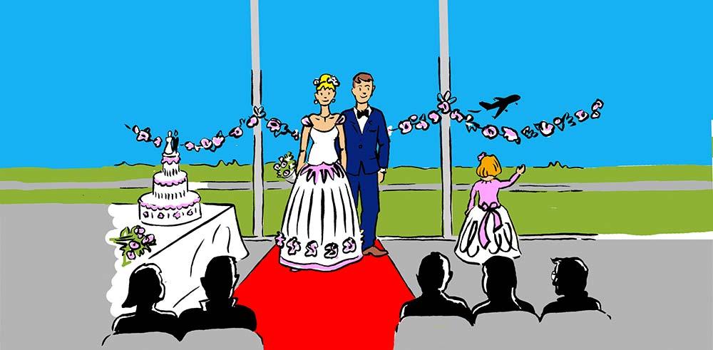 Illustration mit Brautpaar, Hochzeitstorte und Gästen in der AirportLounge des Dortmunder Flughafens. Im Hintergrund die Start- und Landebahn mit abhebendem Flugzeug. 