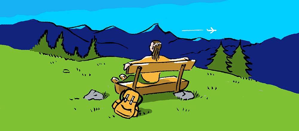 Illustration zum Thema Wandern: Eine Frau sitzt auf einer Bank und genießt das Bergpanorama.
