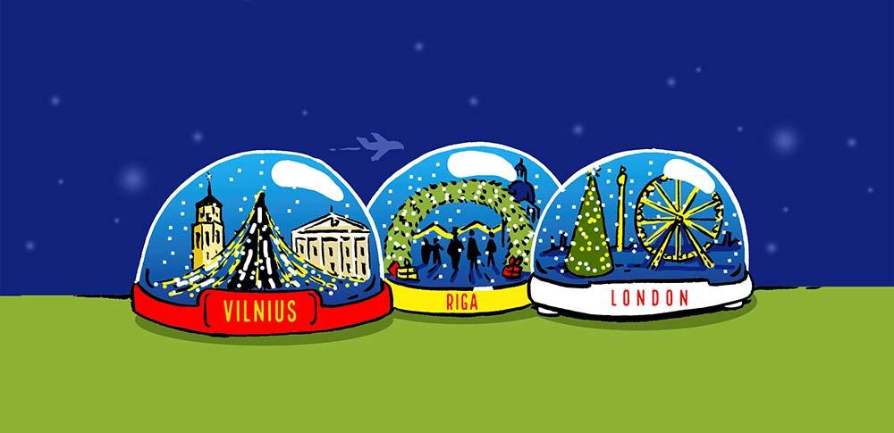 Schneekugeln mit den Städten Riga, Vilnius und London