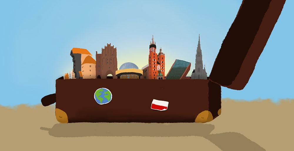 Geöffneter Koffer mit Sehenswürdigkeiten der polnischen Ziele Warschau, Danzig, Kattowitz und Olsztyn. Jetzt ab Dortmund buchen!