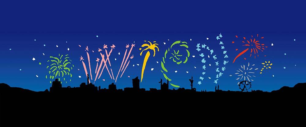 Illustration eines Feuerwerks über der Skyline von Wien. Feuerwerk zeigt die Buchstaben W I E N.