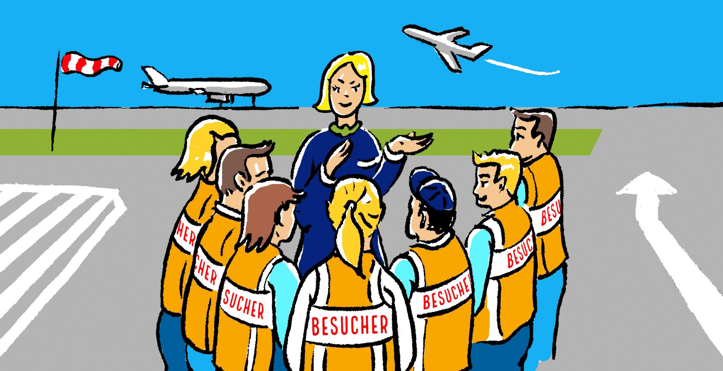 Besuchergruppe auf dem Vorfeld des Dortmunder Flughafens