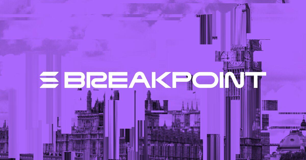 Solana Breakpoint wordmark over a purple image of London’s Westminster skyline.