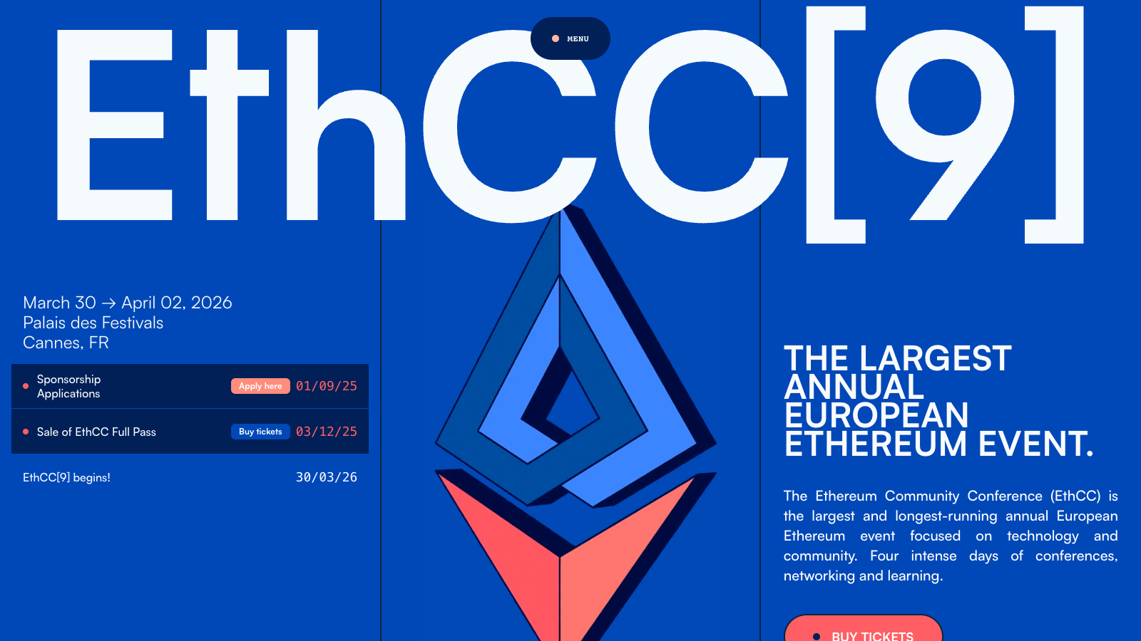 EthCC[9] website banner for Cannes, March 30 to April 2, 2026.