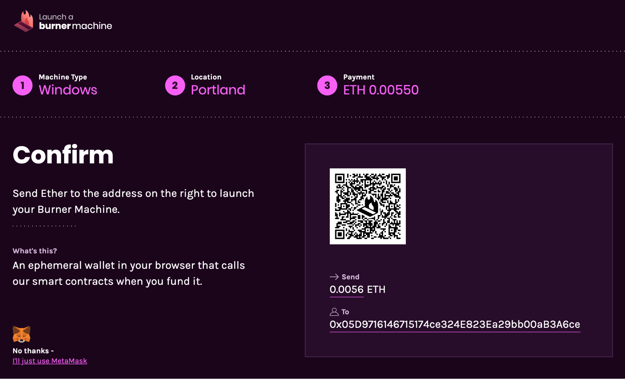 Burner Machine checkout for a Windows machine in Portland, offering ETH payment through a QR code or MetaMask.