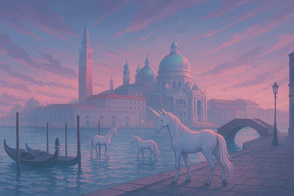 Official ETHVenice artwork showing unicorns beside Venice canals