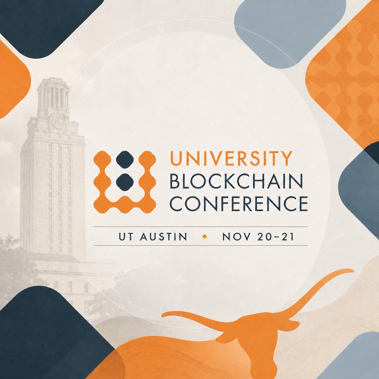 University Blockchain Conference artwork with the UT Austin tower and November 20–21 dates.