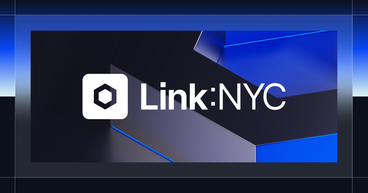Chainlink Link:NYC wordmark with abstract blue and black shapes.