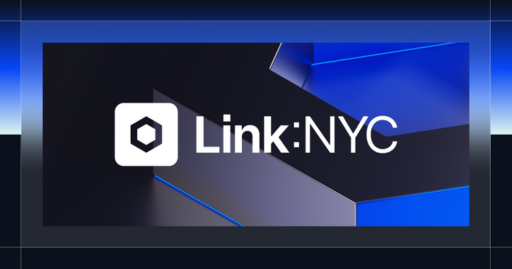 Chainlink Link:NYC wordmark with abstract blue and black shapes.