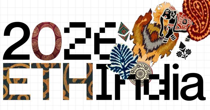 ETHIndia 2026 wordmark with Indian folk-art textile motifs on graph paper