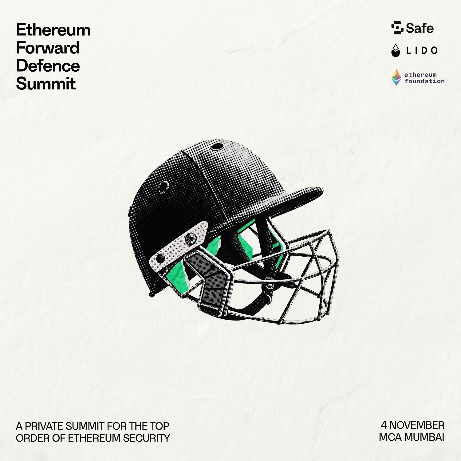 Ethereum Forward Defence Summit artwork featuring a cricket helmet and 4 November Mumbai details