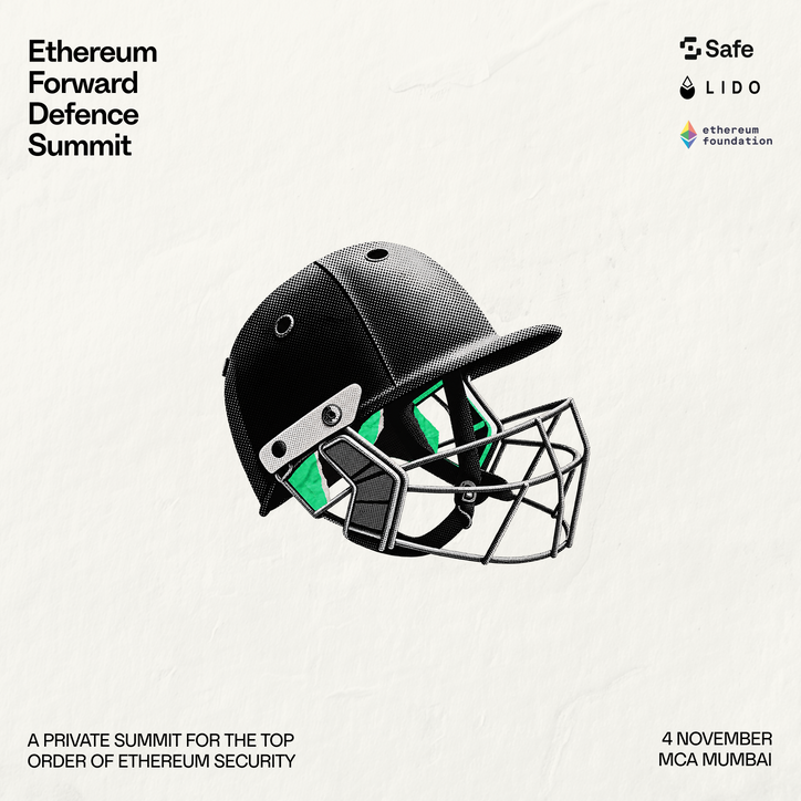 Ethereum Forward Defence Summit artwork featuring a cricket helmet and 4 November Mumbai details
