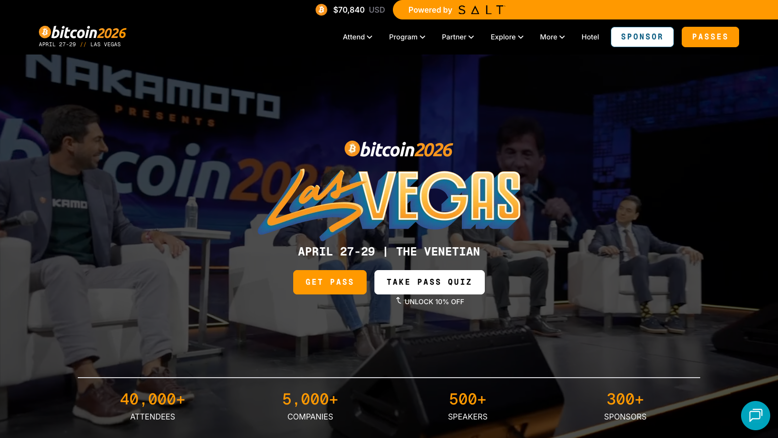 Bitcoin 2026 website announcing April 27–29 at The Venetian in Las Vegas.