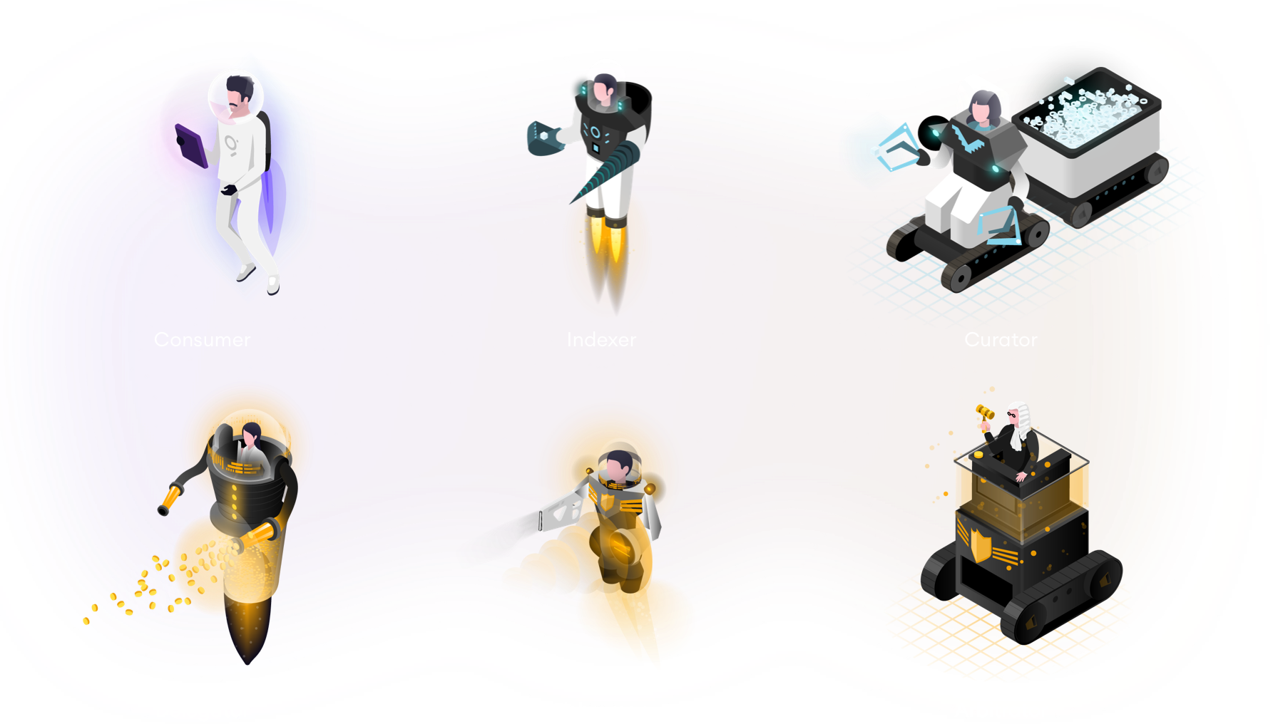 The Graph’s illustrated protocol roles: consumer, indexer, curator, delegator, fisherman and arbitrator.
