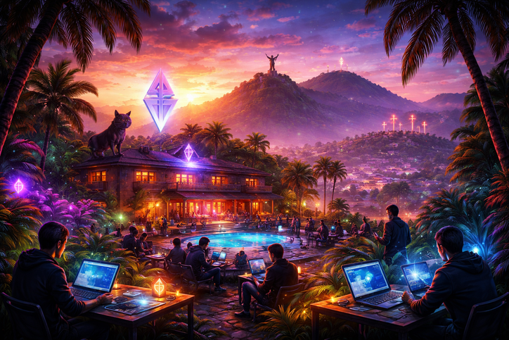 ETH CALI artwork showing builders with laptops among tropical hills and Ethereum symbols.