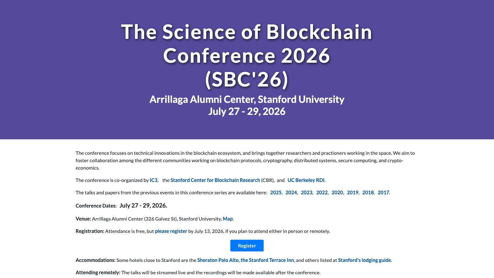The Science of Blockchain Conference 2026 event page: July 27–29 at Stanford University.