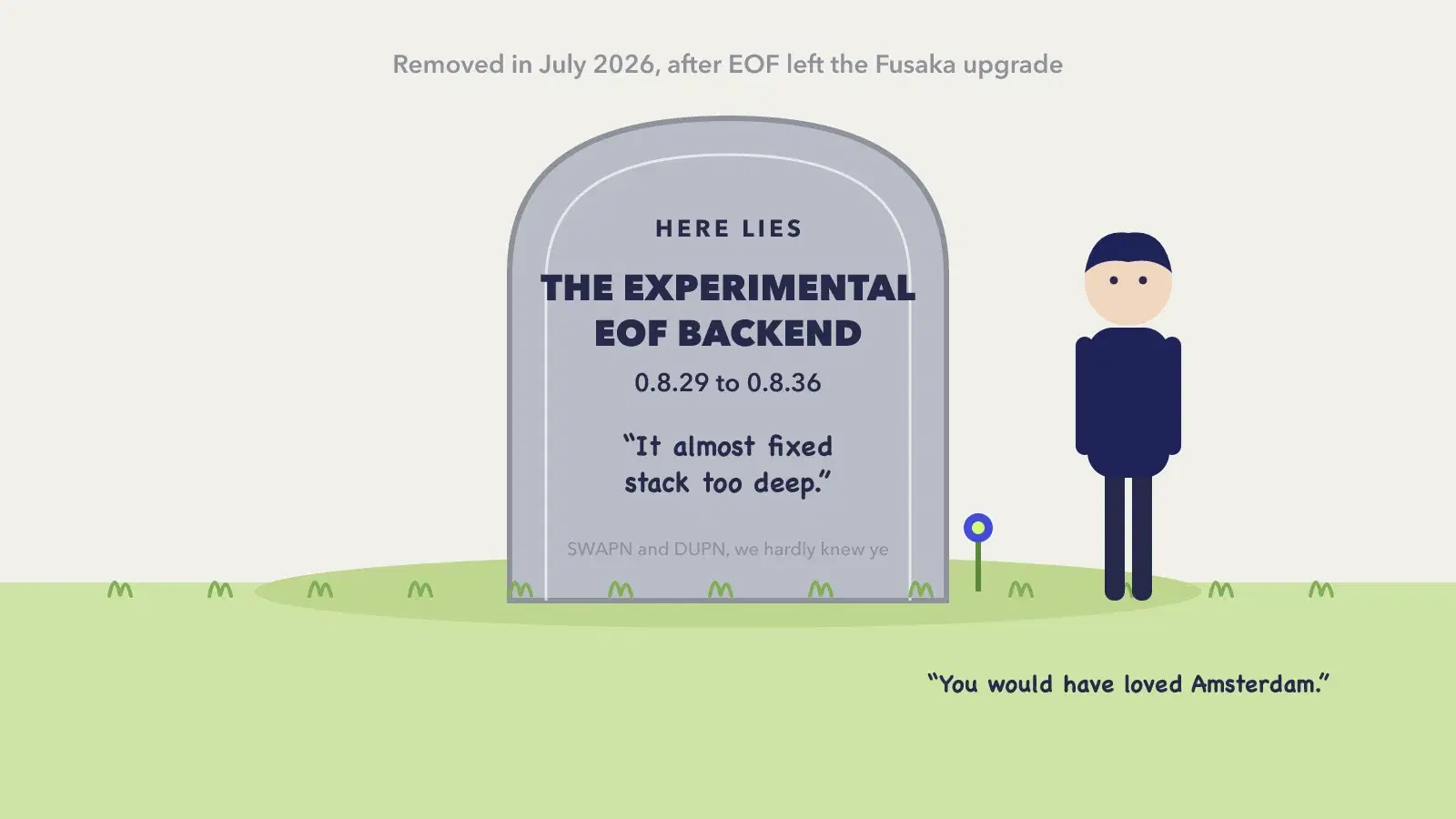 A small gravestone in a tidy garden reads: Experimental EOF backend, 0.8.29 to 0.8.36. It almost fixed stack too deep. A developer in a hoodie leaves a single flower.