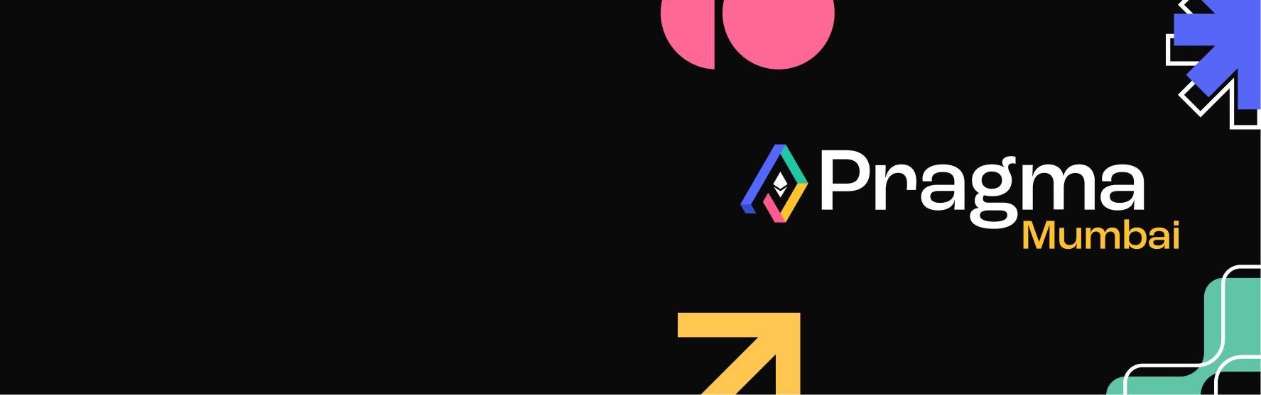 Official Pragma Mumbai banner with multicoloured geometric shapes on black.