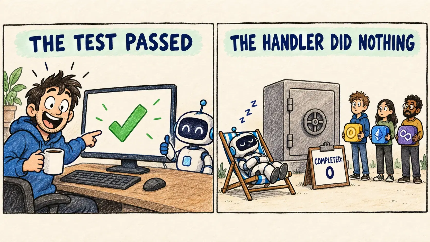 The test passed: a developer celebrates a green check. The handler did nothing: the robot is asleep beside an untouched vault, with a clipboard reading completed zero.