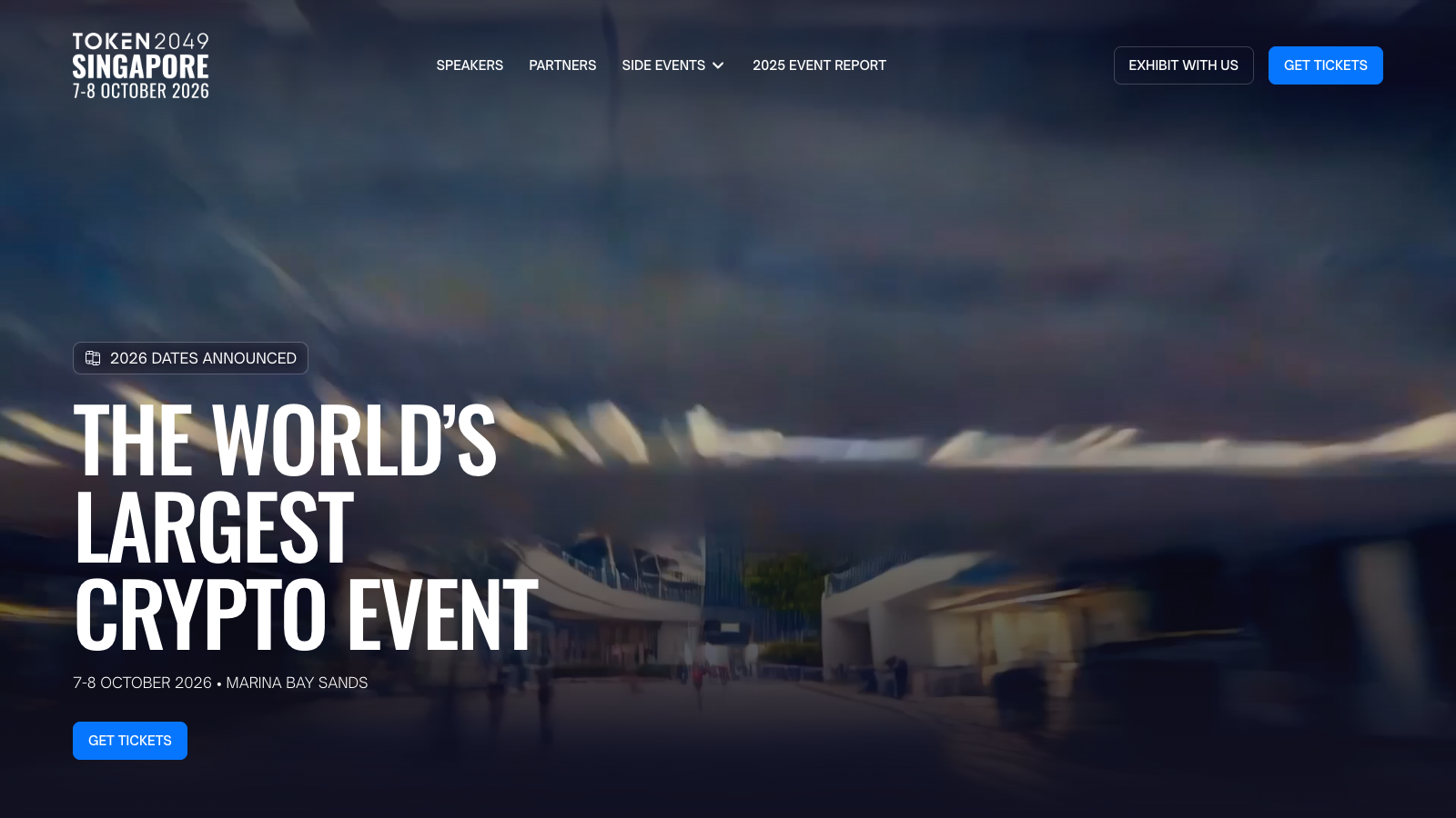 TOKEN2049 Singapore website announcing October 7–8, 2026, at Marina Bay Sands.