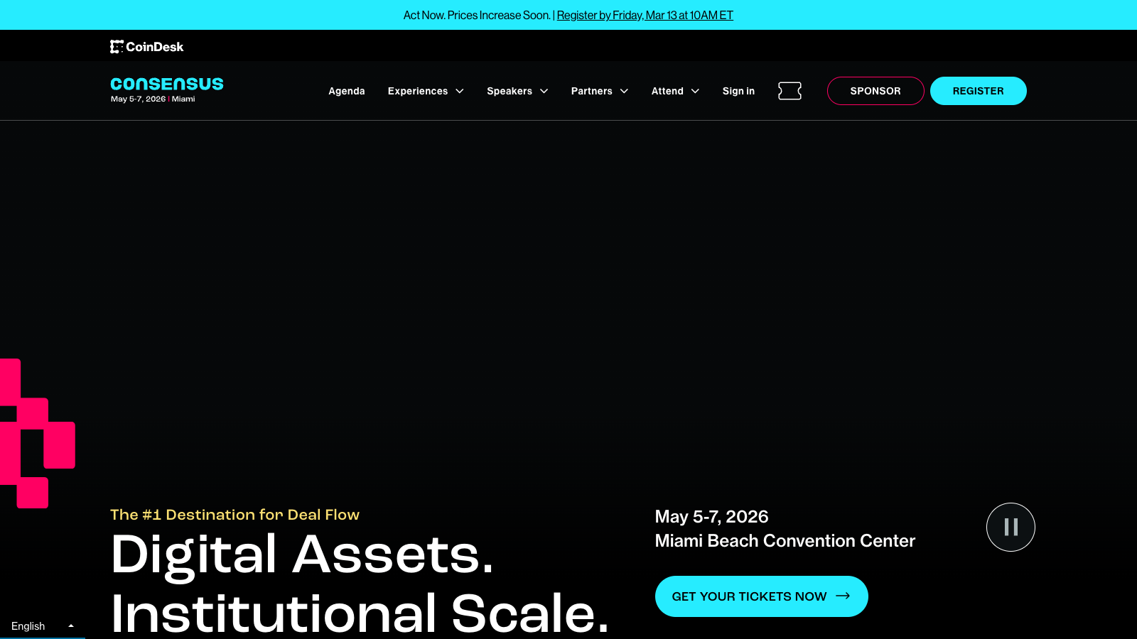 Consensus Miami 2026 website, advertising May 5–7 at the Miami Beach Convention Center.
