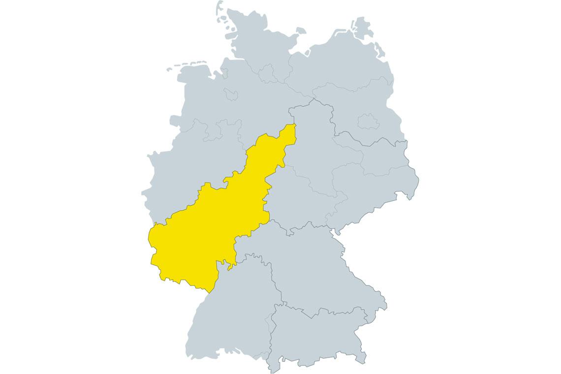 gelb hervorgehobenes Lizenzgebiet der SAKRET GmbH innerhalb der Deutschlandkarte