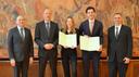 Prof. Dr. Klaus Schäfer, HV-Präsident Reinhold Vollbracht, Preisträgerin Lara Kornmesser, Preisträger Vitus Rennert, Prof. Dr. Harmut Egger