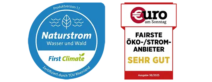 Zertifikat von First Climate "Naturstrom Wasser und Wald"-Siegel - Zertifiziert durch TÜV Rheinland