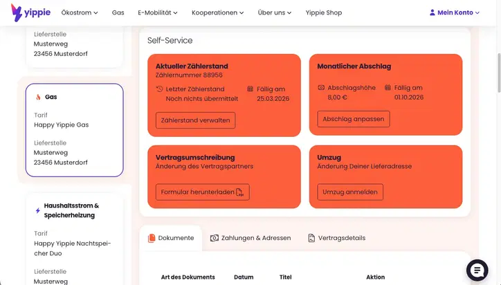 Screenshot des Kundenportals, Vertragsbereich sichtbar. Gastarif ausgewählt