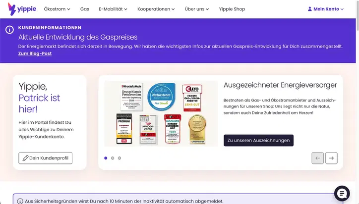 Screenshot der Startseite des Kundenportals